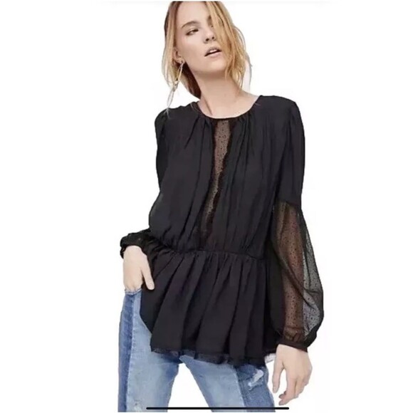 Free People Soul Serene Top Size XS Black Sheer Accents Blouse Peasant Boho NEW - Picture 1 of 9